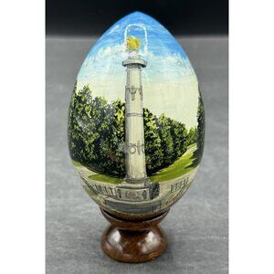 Vintage Hand Carved Turned Solid Wood Lacquered Russian Poltava Icon Egg W/Stand